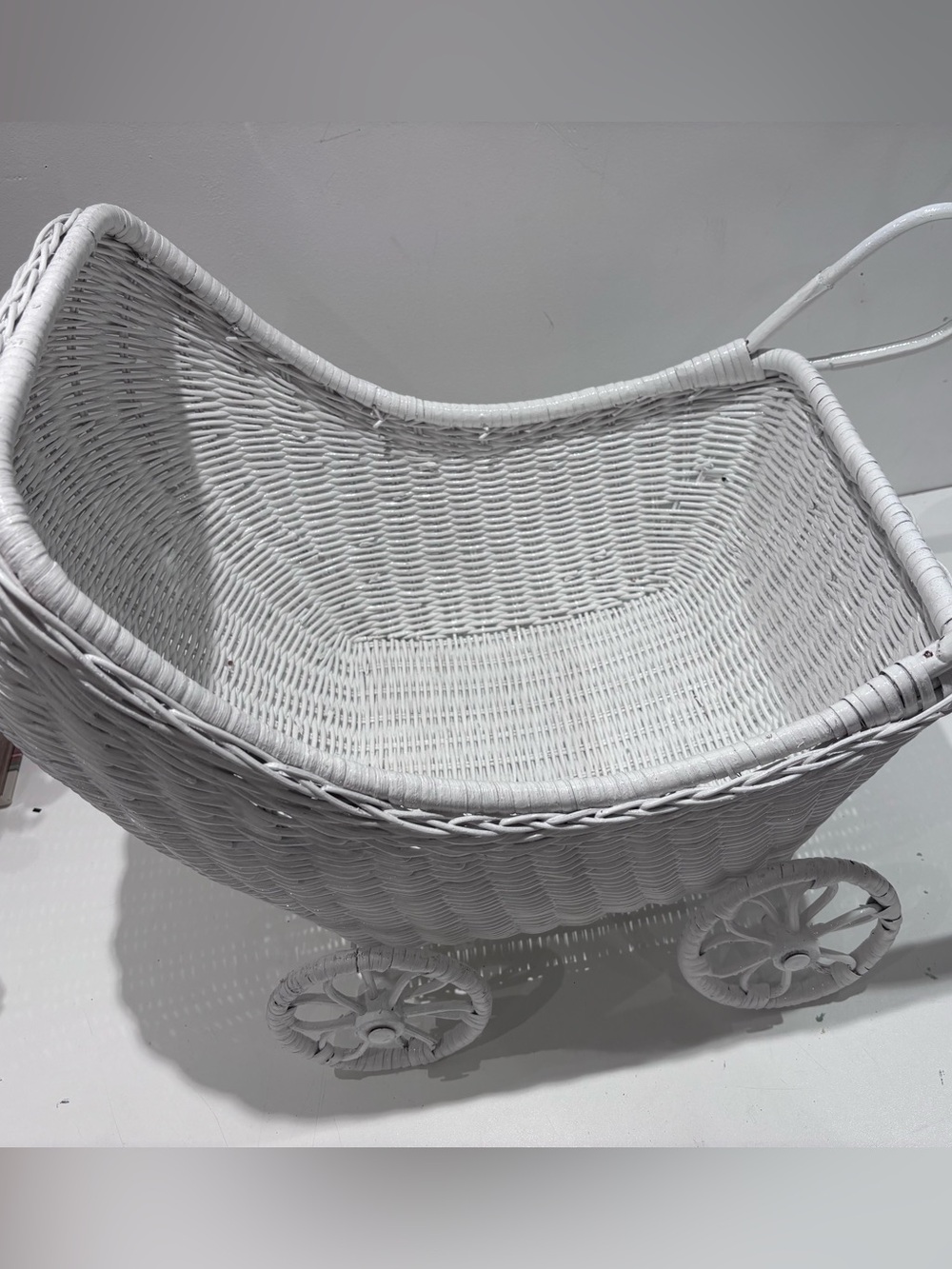 Handcrafted White Wicker Doll Pram by - Picture 5 of 6